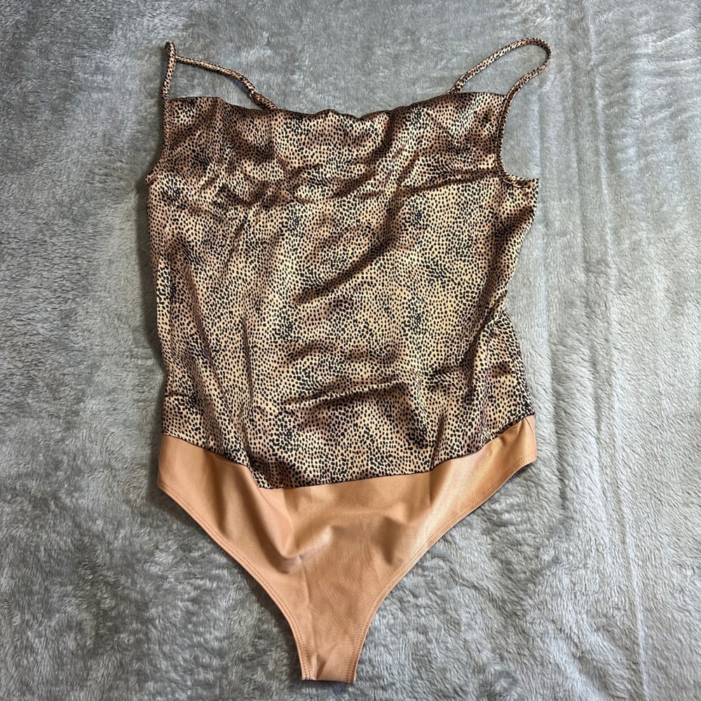 Sincerely Jules Bodysuit Cheetah Print Cowl Neck Tan Black Small
